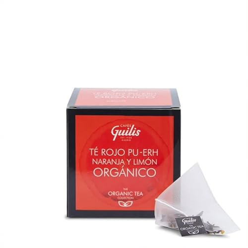 CAFES GUILIS DESDE 1928 AMANTES DEL CAFE Té Rojo Pu Erh Orgánico con Naranja y Limón en Hoja Caja 15 pirámides - Pack 4