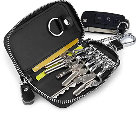 PFLYPF 1 pieza de llavero de cuero de vaca para coche, cartera con cremallera de gran capacidad y gancho, llavero clásico para tarjetas bancarias, llaves (negro)