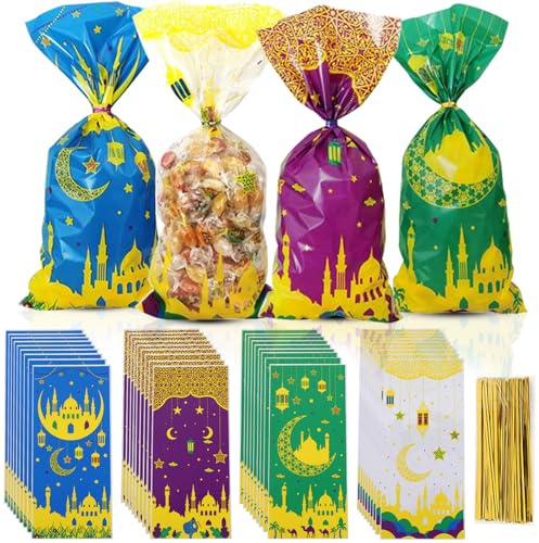 100 stycken Eid Mubarak-partypåsar, presentpåsar med Ramadan-tema, tryckt motiv, av cellofan, klar plast, goodie bag, med 100 guldfärgade bindtrådar, för fyllning, presentförpackning (A)