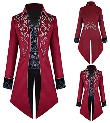 TTOKGZG Herren Steampunk Frack Mantel, Vintage viktorianischen Gothic Frack Mittelalter Renaissance Jacke Cosplay Halloween Kostüm（Rot,L）
