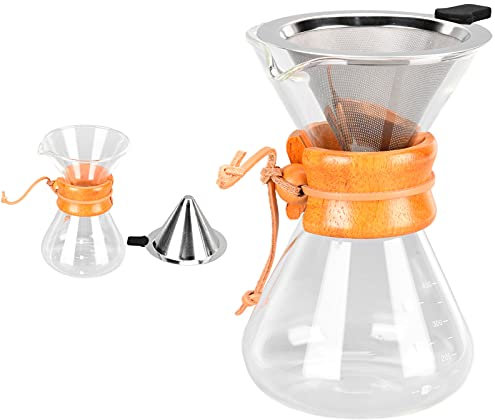 caffettiera pour over con filtro, Caffettiera Pour Over Coffee Maker, 16,4 × 10 cm, in vetro, Coffee Dripper Manuale con collo in legno, con scala, Resistente al calore, (400ML)