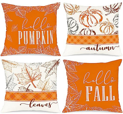 Benjia 4 Stück Kissenbezug Herbst Kissenhülle 40x40 cm, Kürbis Truck Sonnenblumen Herbst Kissen Dekorative Herbstkissen für Thanksgiving Halloween Bettwäsche Sofa Decorations Orange 40 x 40 cm