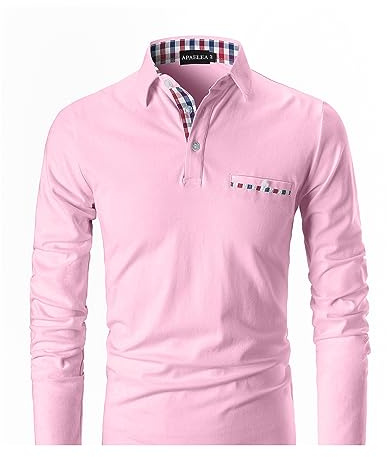 APAELEA Men's Long Sleeve Polo Shirt Casual Rugby Shirts with Plaid Down,Pink,L