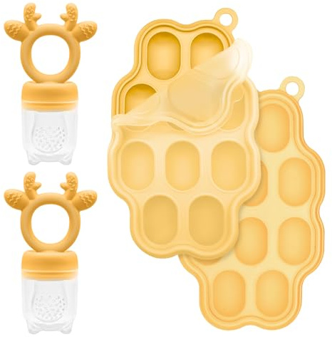Baby Fruit Feeder and Breastmilk Popsicle Molds for Teething Relief, BPA Free Silicone Baby Food Teether Feeder Pacifier & Mini Freezer Tray with lid Teething Toys (2 Pack)