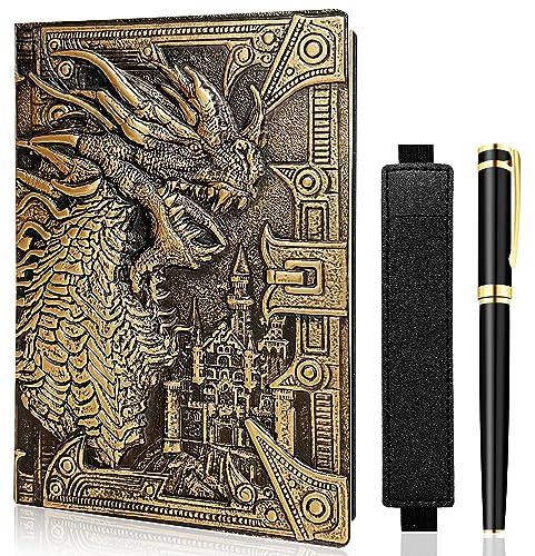 LISGO Vintage Dragon Embossed Leather Notebook DND Notebook Travel Journal with Ballpoint Pen and Pen Sleeve Antique Handmade A5 Journal,Hardcover Liner,Writing Notebook Gift for Men Women, Bronze