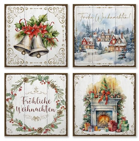 ARTFAVES® Schilder Set - Weihnachten Aquarell | Weihnachtsdeko Shabby Chic Vintage Holzbilder Collage Wandbilder | Größe: 19 x 19 cm