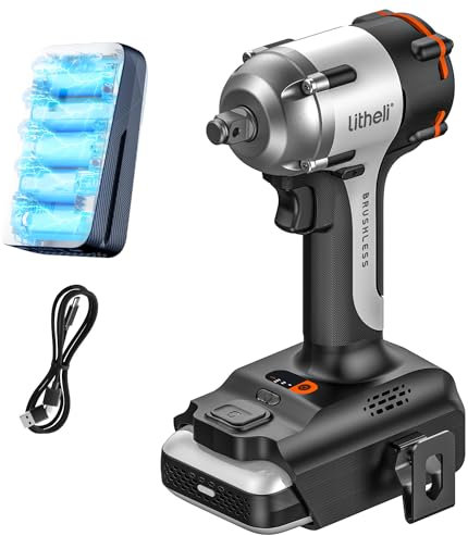 LiTHELi Akku Schlagschrauber,Drehmoment 450Nm Schlagschrauber mit 2.5 Ah Akku, bürstenloser Motor, 3 Geschwindigkeiten und LED-Licht, geeignet für Haushaltsfahrzeuge