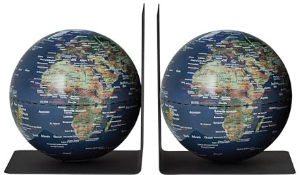 TROIKA Globus Buchstützen aus Metall BOOKGLOBE Ø 13 cm magnetisch balancierte Globen blaugrüne topographische Karte, zusammen 1,2 kg - im hübschen Karton ideal zum Verschenken