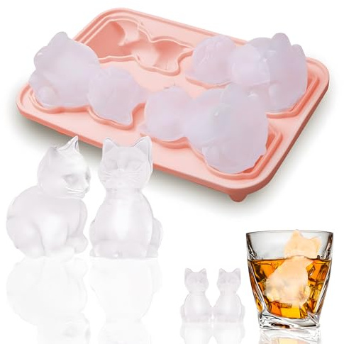 Bandeja de cubitos de hielo para gatos, moldes grandes de silicona para congelador, con tapa, para whisky bourbon, café, jugo, regalos divertidos para mujeres