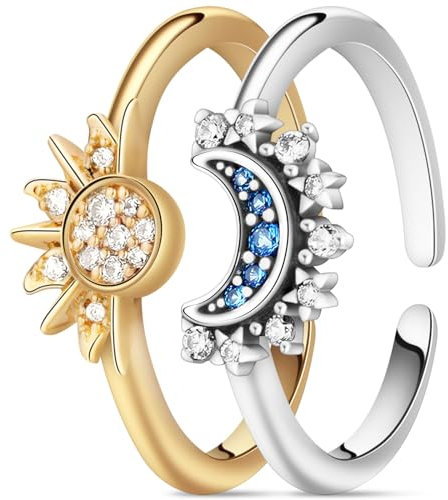 Aucuu Sonne Mond Ring Gold Silber Set, Verstellbar Matching Rings Freundschaftsringe Sonne und Mond Ring, Ringe Frauen, Sun and Moon Set, Dupes Schmuck Geschenk für Damen Frauen