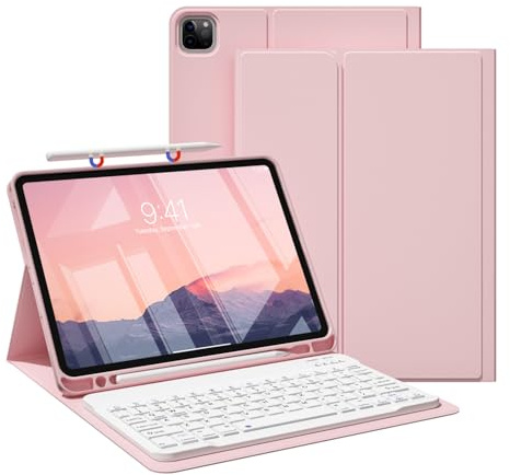 JKSML Hülle mit Tastatur für iPad Pro 11 Zoll 4./3./2.Gen (2022/2021/2020) | Soft TPU Schutzhülle mit Stifthalter, Abnehmbare Bluetooth Tastatur, QWERTZ Layout,Rosa