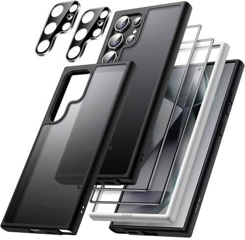 JETech 5-in-1 Matte Hülle für Samsung Galaxy S24 Ultra, Schwarz | 2 Gehärtete Glas Schutzfolien, 2 Kameraschutz Folien, Schützende Handyhülle mit Transluzenter Rückseite