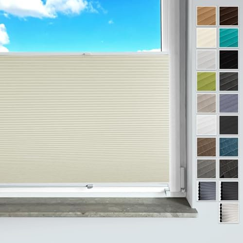 Plissee ohne Bohren, mit Klemmträger Plisseerollo Faltrollo Sichtschutz und Sonnenschutz für Fenster und Tür (Waben Creme,B50cm x H120cm)