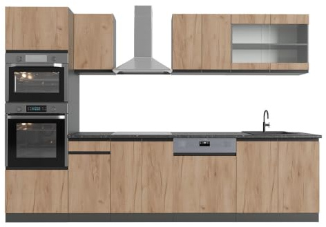 Vicco Küchenzeile R-Line, Goldkraft Eiche/Anthrazit, 300 cm mit Hochschrank, AP Anthrazit