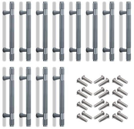 Bwintech 12 Stück 150MM Grau eloxiert gerändelt Schrank Griffe, 96MM Loch Zentren Schrank Knöpfe, Schrank, Kleiderschrank, Schublade Griffe