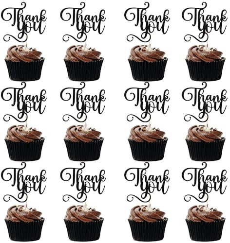 YQLXDHBD 12 Pcs Thank You Cupcake Toppers,Glitter Thank You Cupcake Picks for Birthday Wedding Decorations,Happy Thanksgiving Day Baby Shower Kids Birthday Party Anniversary Party Supplies Black
