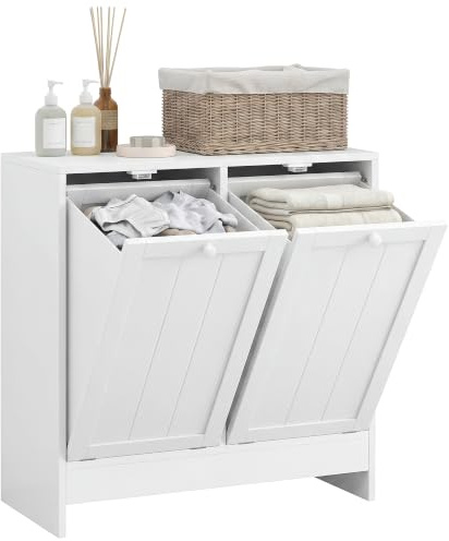 kleankin 2 Doors Laundry Cabinet, Double Laundry Cupboard, White | Bathroom Cabinet, 2 Tilt-Out Hampers, Storage Unit for Washroom