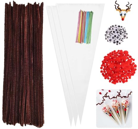 KIMMAX Pfeifenputzer Bastelset 350 Stück-50 Süßigkeiten Tüten,100 Pfeifenreiniger Braun,100 PomPoms und 100 Wackelaugen für Bonbons Kekse Weihnachtsgeschenke Dekorieren (Candy Bar Tüten 30x16cm)