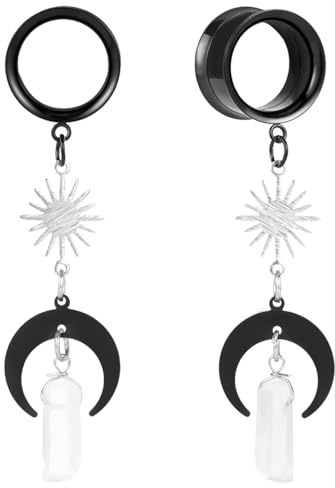 DOEARKO Flesh Tunnel mit Moon Anhänger Double Flared Edelstahl Ohr Tunnel Plug Piercing Schmuck Schwarz 12mm