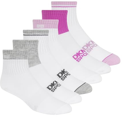 DKNY Women's 6 Pack Double Cuff Low Crew Socks, White Traditional, 9-11