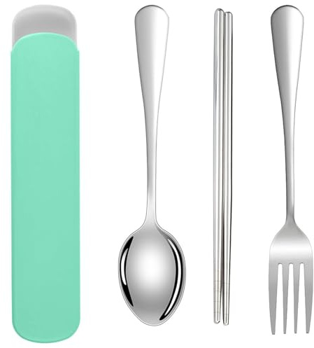 DOETYD Travel Cutlery Set 3 PCS Stainless Cutlery with Portable Pouch Case Reusable Fork Spoon and Chopsticks Set for Camping Picnic School Office Lunch (Green)