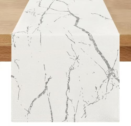 Frühlings Sommer Tischläufer Abwaschbar Modern 40 x 140 cm Weiß Grau Marmor Goldene Textur Tisch Läufer Leinen Abstrakte Waschbarer Tischläufer für Küchentisch, Esszimmer, Kommode