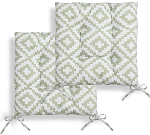 OHS 2 Pack Seat Pads For Dining Chairs Geometric Print Garden Chair Cushion, Soft Comfy Outdoor Chair Cushions with Ties For Living Room Kitchen Office, Sage-40x40cm