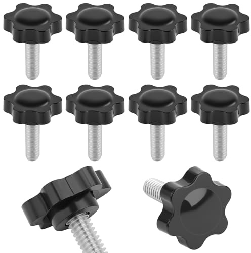 10PCS 1/4-20 Black Star Knobs, Threaded Knurled Thumb Nuts for Mechanical Instrument, Grip Knob Screw/Star Hand Knob for Umbrella Base Replacement, Female Threaded Hexagon Head Thru Knob