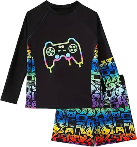 OXUBOAO Maillot de bain à manches longues pour garçons UPF 50+ imprimé jeu 3D Rashguard pour adolescents, Noir , 9-10 ans