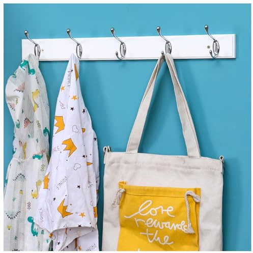 ARTAWEIN Wall Mounted Coat Rack with 5 Heavy Duty Satin Nickel Hooks, Solid White Bamboo Board, 56cm Large Clothes Rail Hanger for Coats, Towels, Jackets & Robes - Includes All Fixing Hardware