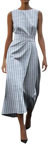 Robes pour femmes UK col rond sans manches ceinture nouée taille slim fit robes femmes rétro élégant art abstrait imprimé fleur robe midi longue portefeuille, Bleu clair., L