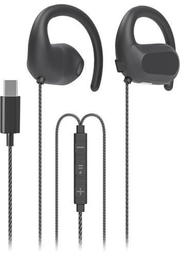 fesoklaf Auriculares de oído abierto con cable USB C con ganchos para las orejas, auriculares para correr con micrófono y control en línea, conducción de aire, auriculares estéreo con cable para