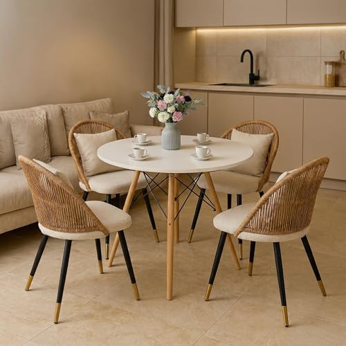 CLIPOP Esszimmerstühle 4er Set, Küchenstuhl aus Rattan, Metall Beine, Beige Leinen Fabric Esszimmer Stühle mit gepolsterte Sitz, bis 150 kg belastbar, Rattanstuhl für Wohnzimmer Esszimmer