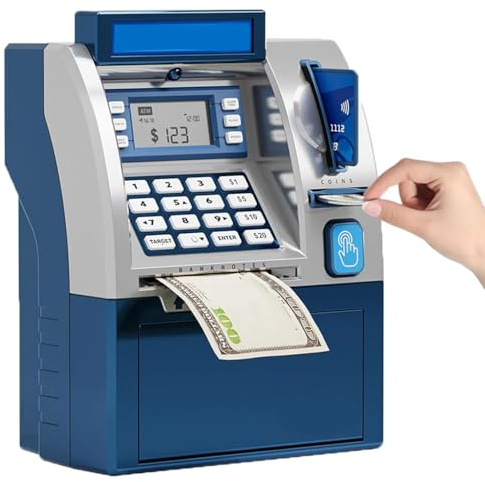 Tenkaybox, Tenkaybox Smart ATM Piggy Bank, Elektronische Digitale Spardose, Automatischer ATM Saving Bank für Scheine & Münzen, Mini ATM Digitale Sparschwein Tresor Kinder (Blau)