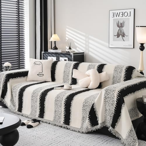DeepDream Sofa Überzug 1/2/3/4 Sitzer, Chenille Sofaüberwurf Waschbar L Form Sektionssofa, Couch Überzug Sofa Überwurfdecke Futonbezug für Haustiere Kinder, 180 x 340cm, Gestreift Schwarz