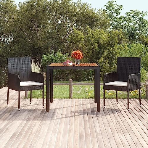 HaoChrymec Gartentisch mit Holzplatte aus Akazienholz, PE-Rattan, Pulverbeschichteter Stahlrahmen, Loungetisch für Balkon und Garten, Wetterfest, Schwarz, 90 x 90 x 75 cm