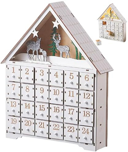Wooden Advent Calendar with Drawers and LED Lights 24 Days Countdown Empty Advent Calendars to Fill for Christmas Decoration.