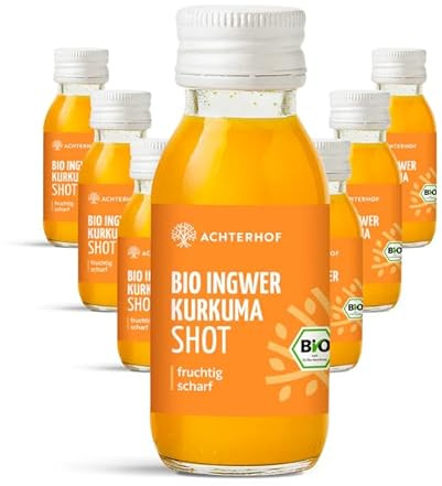 Bio Ingwer Kurkuma Shot 7x 60ml | trinkfertig | Superfood Kombination | mit 32% Ingwer- und Kurkumasaft | Achterhof