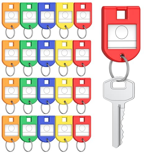 Uniclife 20 pièces porte-clés, 5 couleurs avec étiquettes, étiquettes pour porte-clés 2,8 cm x 4 cm, identifiants en plastique avec anneau brisé, bureau et école