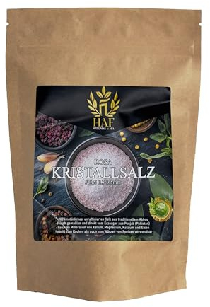 HAF 1 x 500 g de sal de cristal rosa 0,3 – 0,5 mm – 100% natural sin refinar sal de roca de Pakistán, rica en minerales, ideal para cocinar, condimentar y molinillos de sal, extraídos a mano y recién