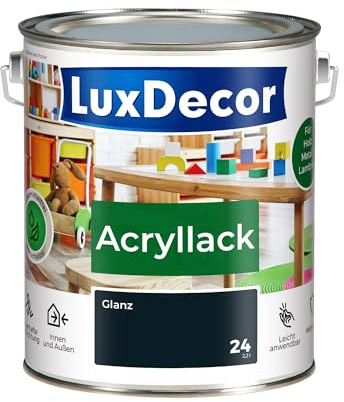 LuxDecor Barniz acrílico 2,2 L brillante (24) acero endurecido, barniz para madera, pintura de color, juguetes de metal, muebles, ventanas, muebles para niños, juguetes
