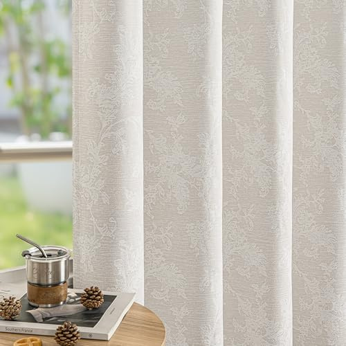 Fmfunctex Beige Floral Jacquard Blackout Eyelet Curtains 72 Inch Drop Pair