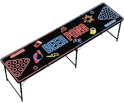 RedCupShop Beer Pong Table de pong « LED » | Table de pong pliable avec taille officielle du tournoi (240 x 60 x 70 cm) | Portable, imperméable et résistante aux rayures | Avec gobelets et balles en