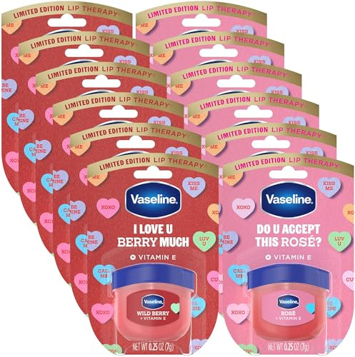 Vaseline Lip Therapy Valentine’s Day Gifts, Limited Edition Lip Balm Variety 12-Pack, Rosé + Wild Berry, 0.25 Oz Ea