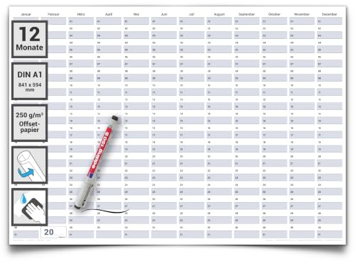 Dauerkalender DIN A1 XXL 84,1 × 59,4 cm – großer abwischbarer Jahresplaner, Projektplaner & Geburtstagskalender oder Urlaubsplaner – wiederverwendbar, Deutsch, inkl. Marker – Gigatime®