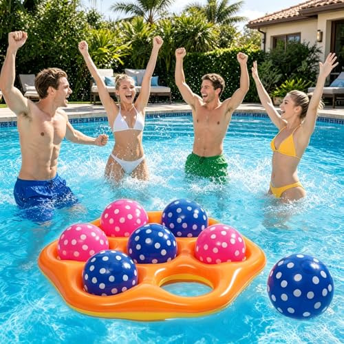 CYFIE Poolleksak, sexkantig, uppblåsbar 7-håls vattenleksak med 7 boll, tvåfärgad gul-orange, vattenleksak vuxna, pooltillbehör lämplig för alla åldrar, strandleksak