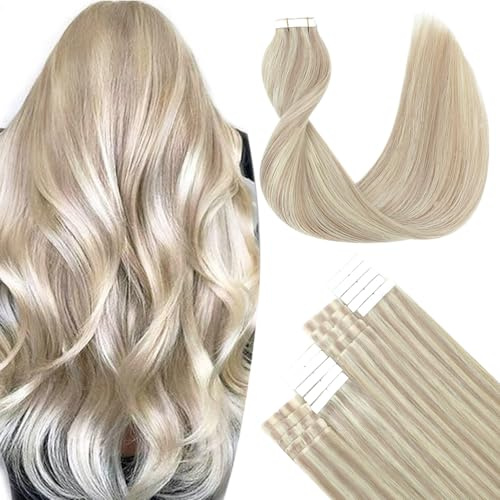 SURNEL Tape in Extensions Echthaar 16 Zoll Aschblond Highlight Gebleichtes Blond Tape in Echthaar 50g 20pcs(#18P613-40cm)