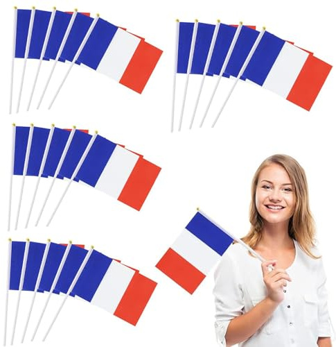 MNYXIS 20 Stück Frankreich Flagge Handfahne, 14 x 21 cm Mini Handflagge mit Stab, Handgehaltene Flaggen, Kleine Tricolore Stockfahnen für Tour de France, Sportevents, Mottoparty und Frankreich Deko
