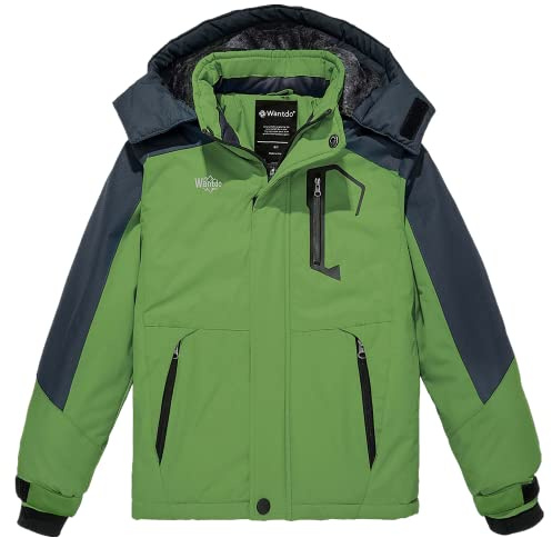 Wantdo Chaqueta de Senderismo Deportiva Invierno Chaqueta de Esquí Antiviento Impermeable Abrigo de Lana para Exteriores Parka Cálida Forro Polar con Capucha para Niño Verde Oliva 140-146