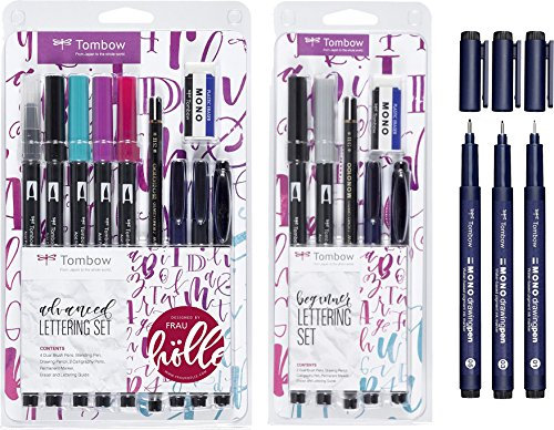 Tombow Lettering SetsBeginner 5 Stifte mit Radierer +Advanced 9 Stifte + Radierer, inkl. Anleitung, designed Frau Hölle + 3 Mono Drawing Pens (0,1 | 0,3 | 0,5)